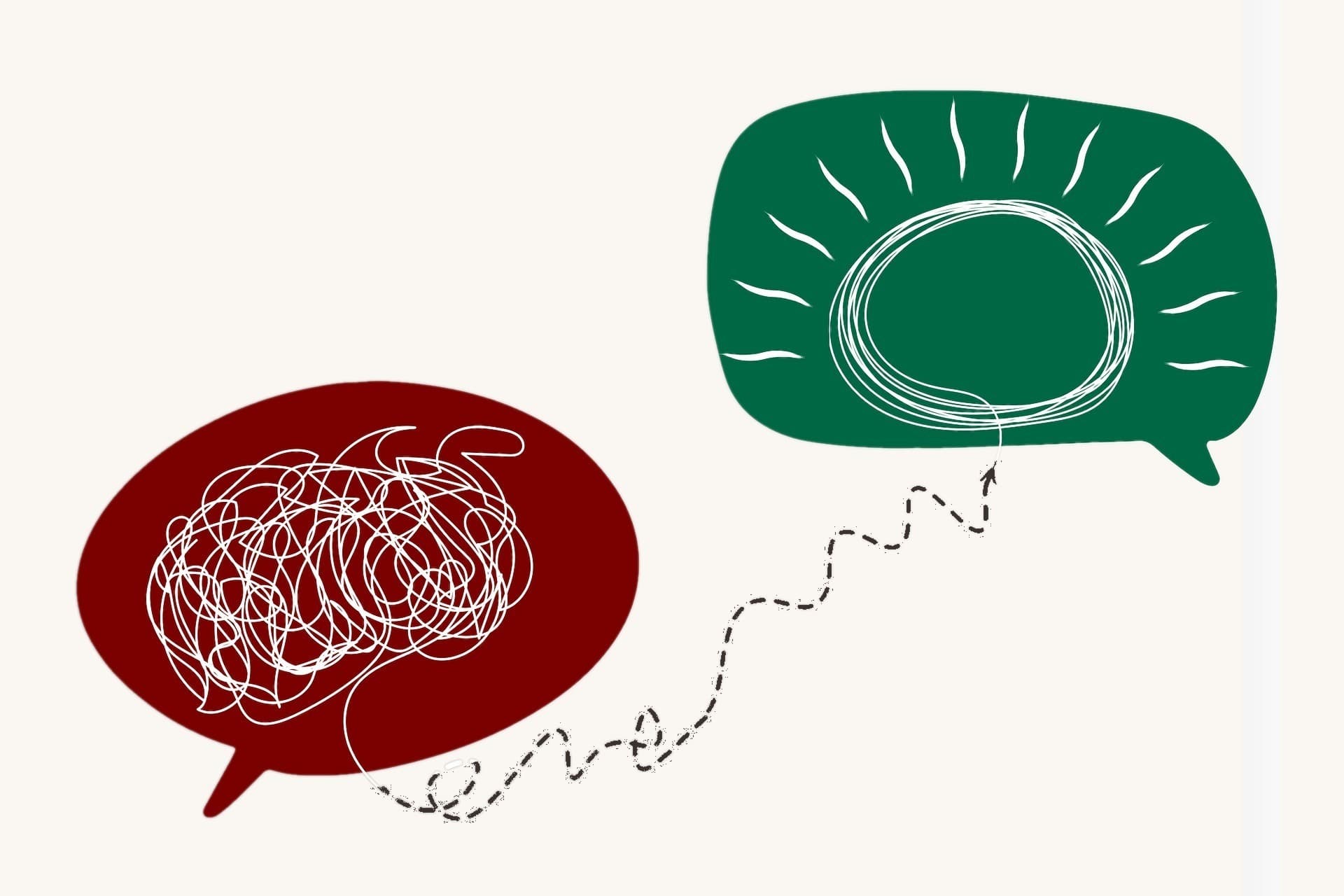Two speech bubbles connected by a dashed line — one red filled with a chaotic tangle of scribbles, one green holding a clear radiant circle — illustrating how conversation moves the mind from tangled to clear.